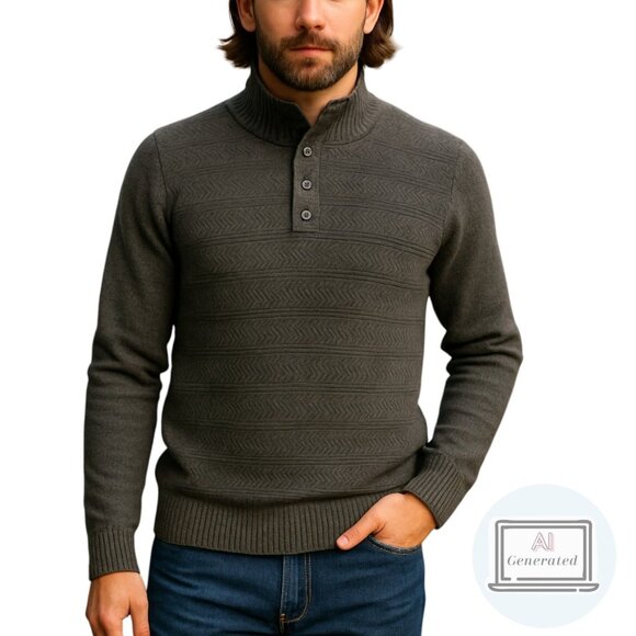 NEW Marc Anthony Mens Mock Neck Sweater Button Collar Grey Textured Knit Size XL - Picture 1 of 12